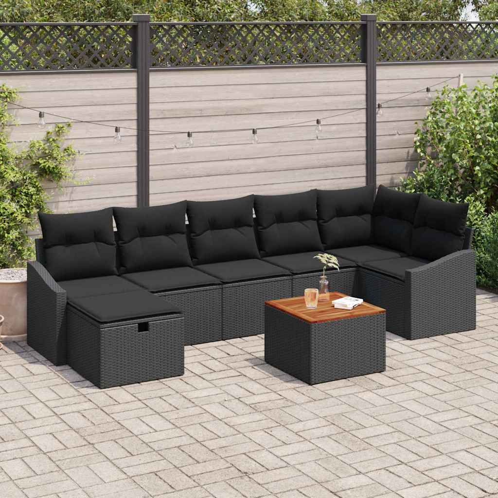 Set Divano da Giardino con cuscino 8 pcs Nero Poly Rattan