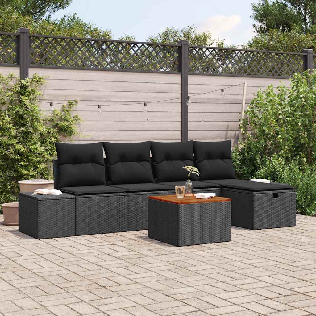 Set Divano da Giardino con cuscino 6 pcs Nero Poly Rattan