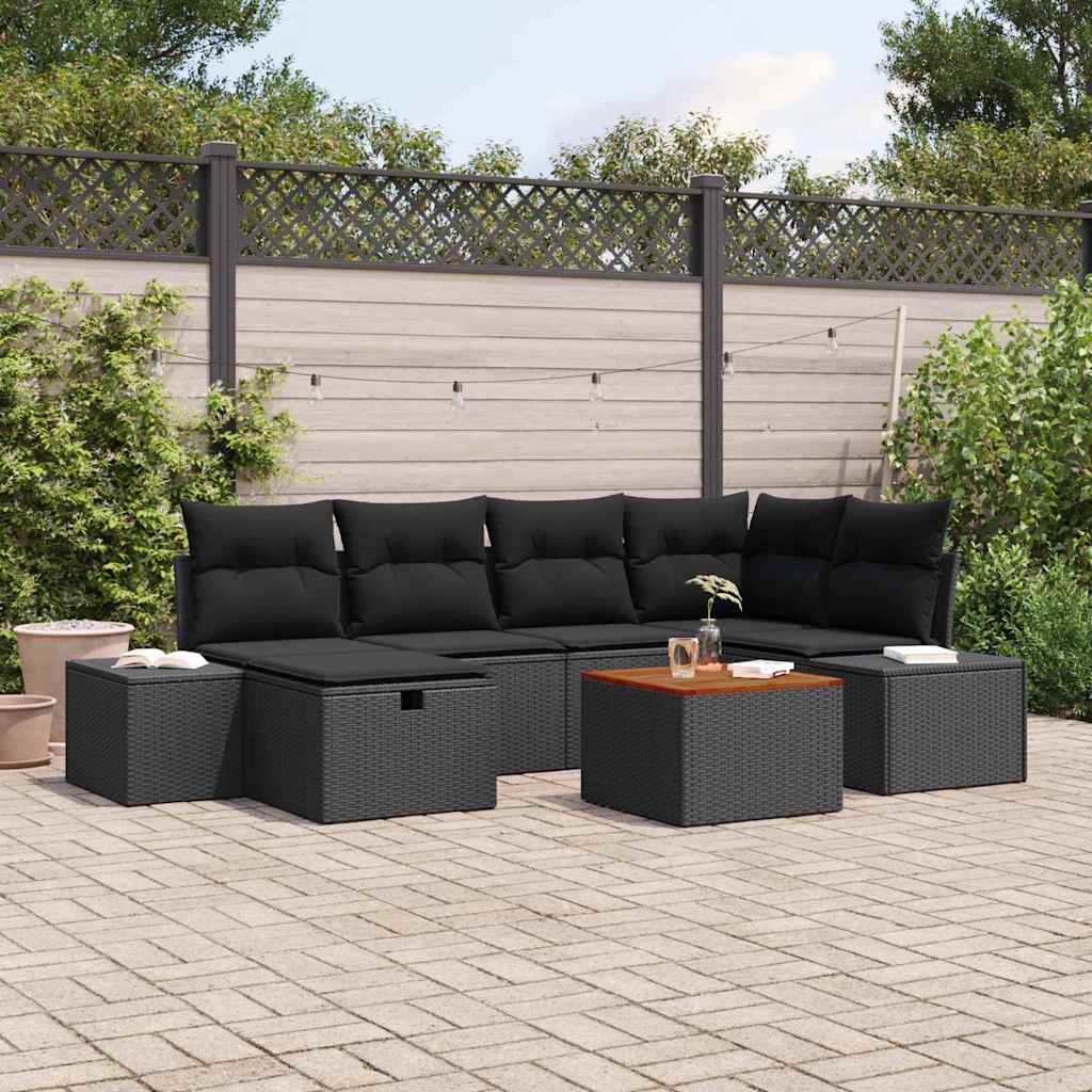 Set Divano da Giardino con cuscino 7 pcs Nero Poly Rattan