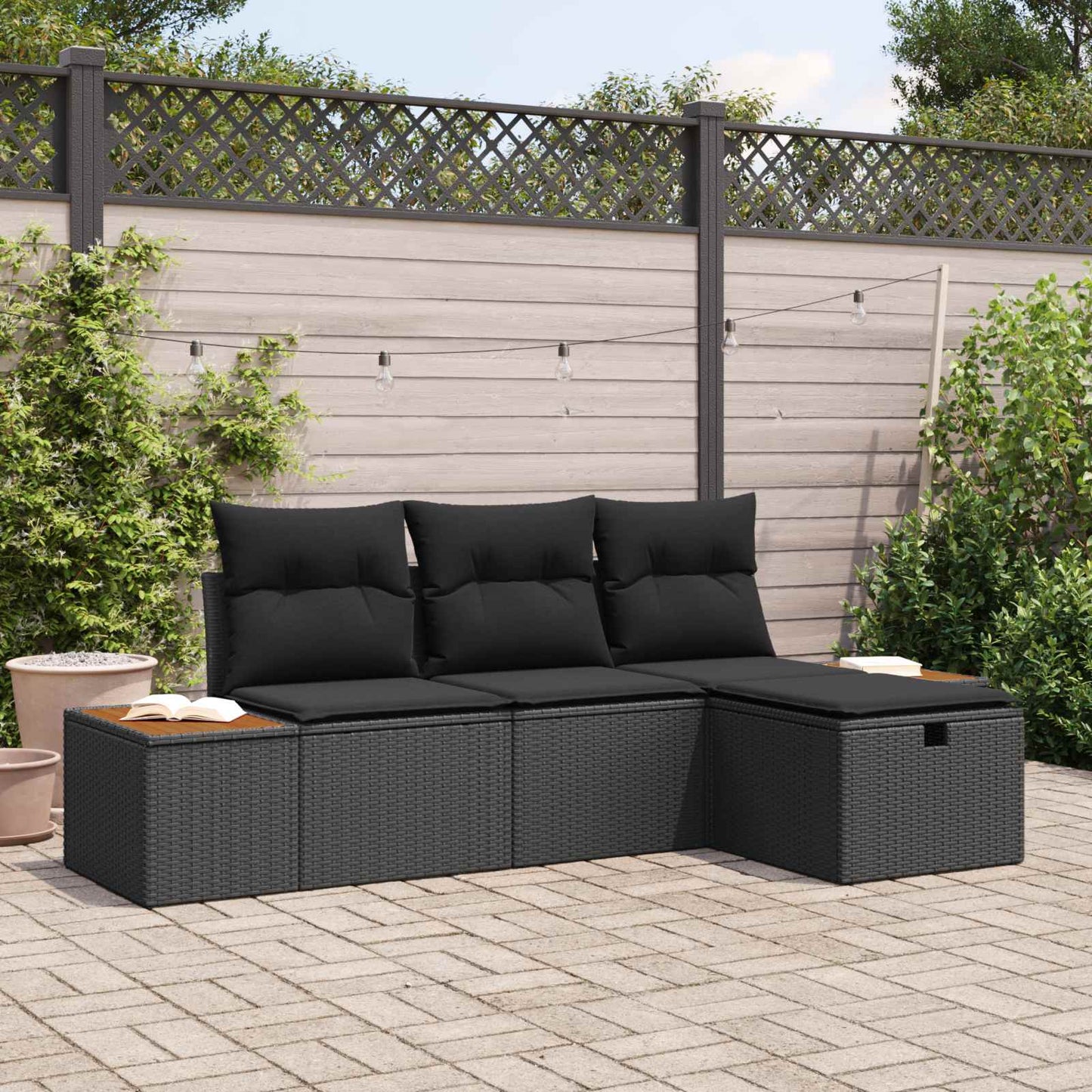 Set Divano da Giardino con cuscino 4 pcs Nero polyrattan