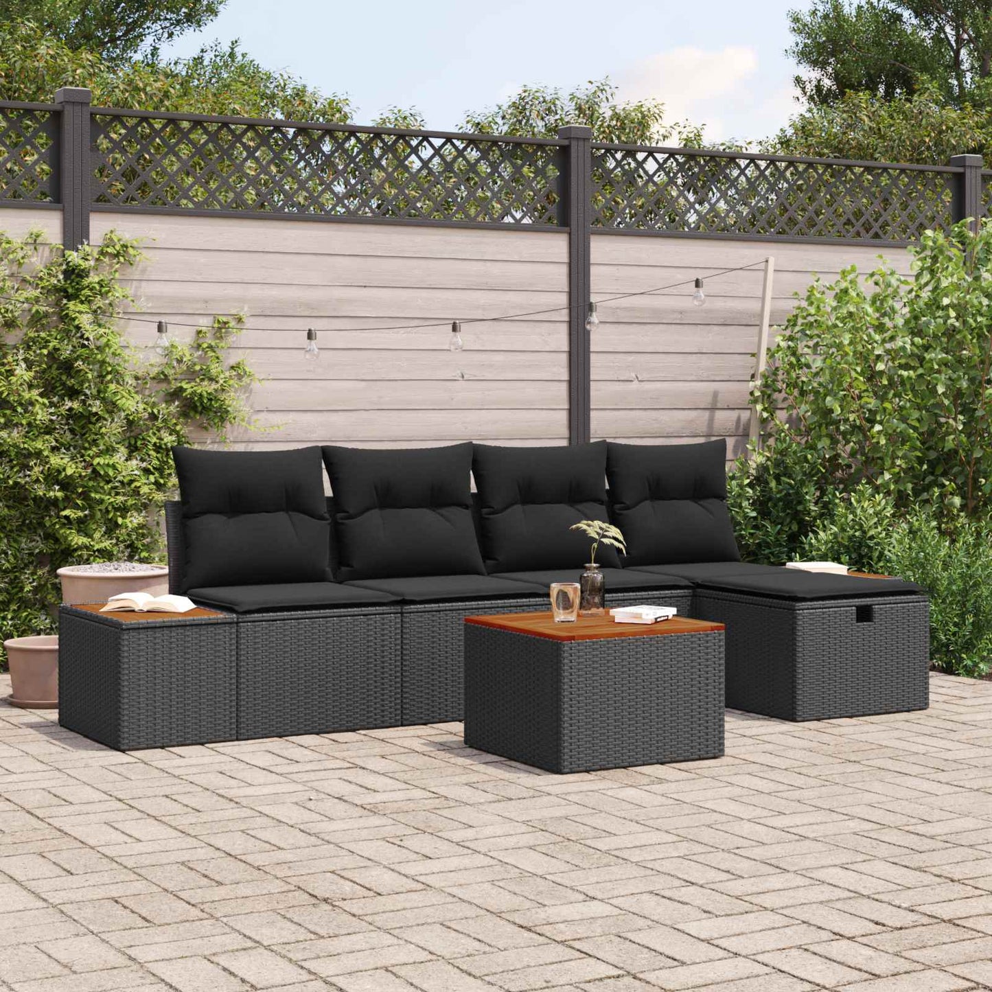 Set Divano da Giardino con cuscino 6 pcs Nero Poly Rattan