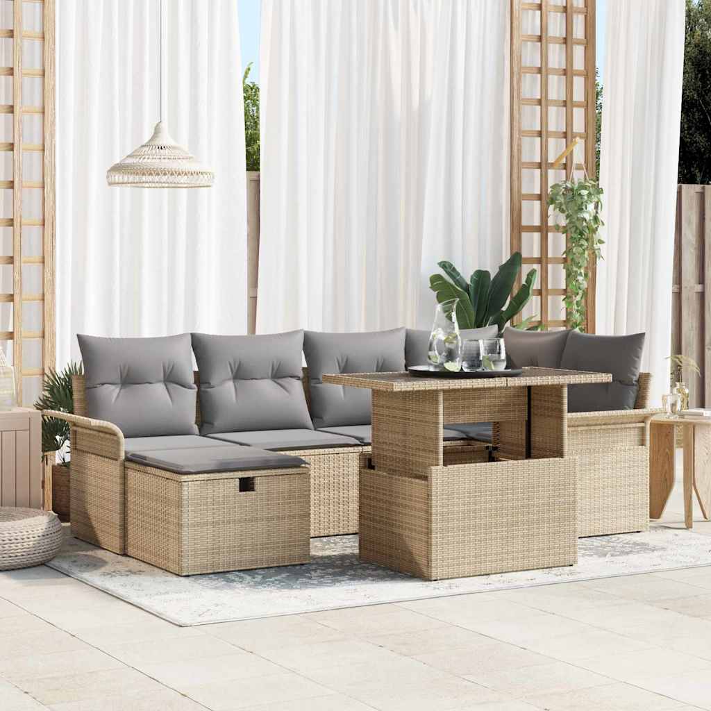 Set Divano da Giardino con cuscino 7 pcs Beige Poly Rattan