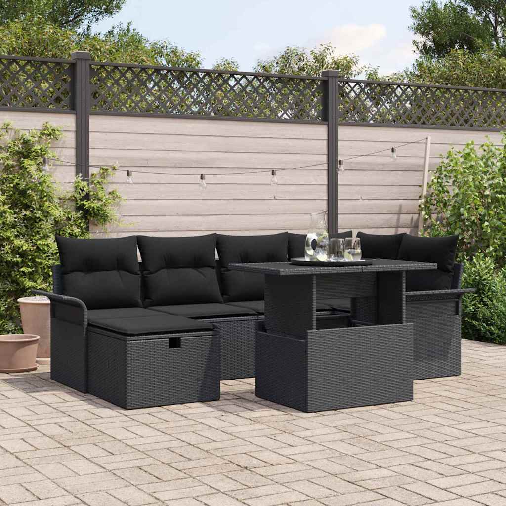 Set Divano da Giardino con cuscino 7 pcs Nero Poly Rattan