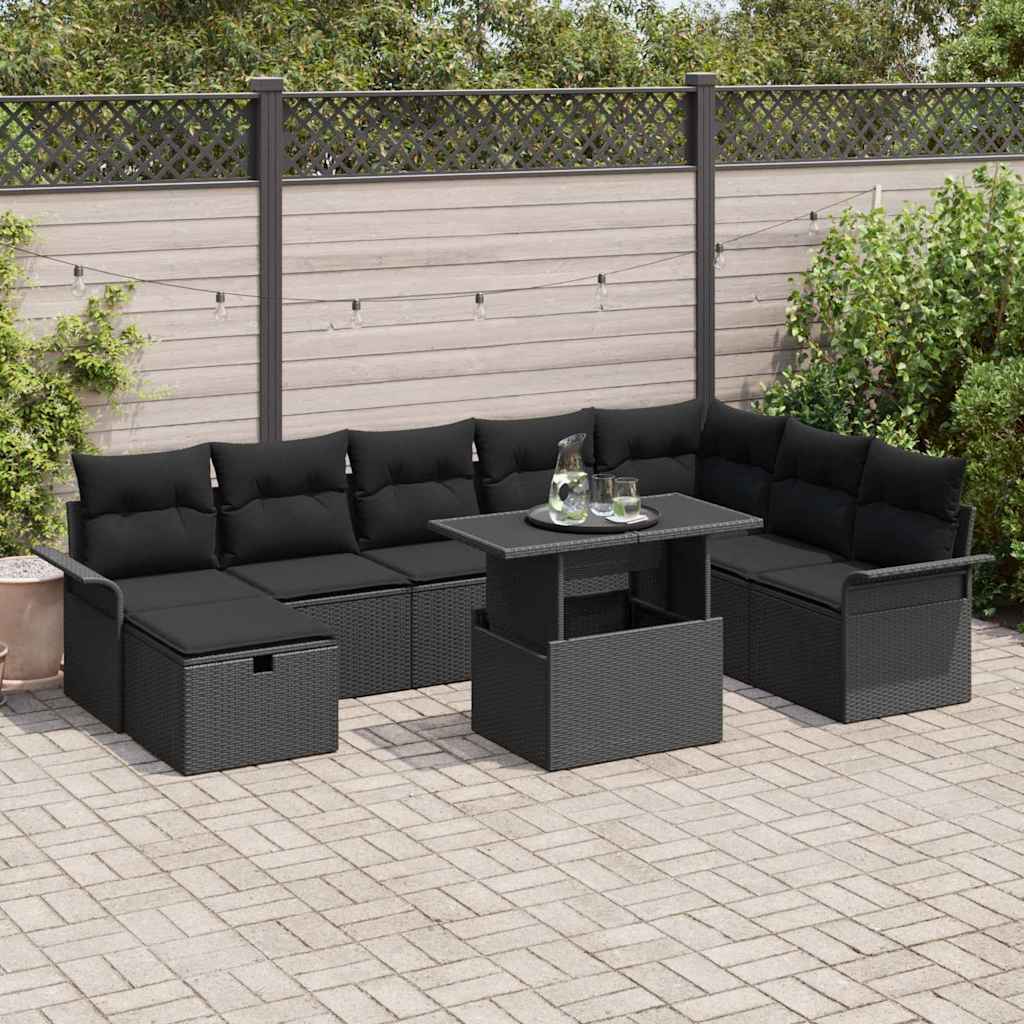 Set Divano da Giardino con cuscino 9 pcs Nero Poly Rattan