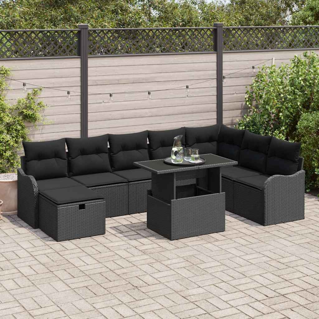 Set Divano da Giardino con cuscino 9 pcs Nero Poly Rattan