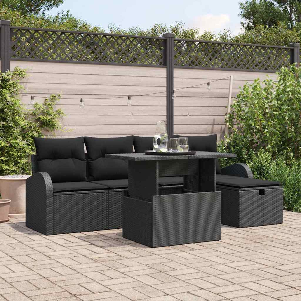 Set Divano da Giardino con cuscino 6 pcs Nero Poly Rattan