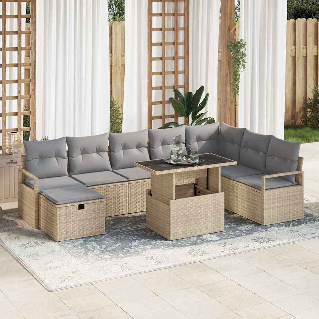 Set Divano da Giardino con cuscino 9 pcs Beige Poly Rattan