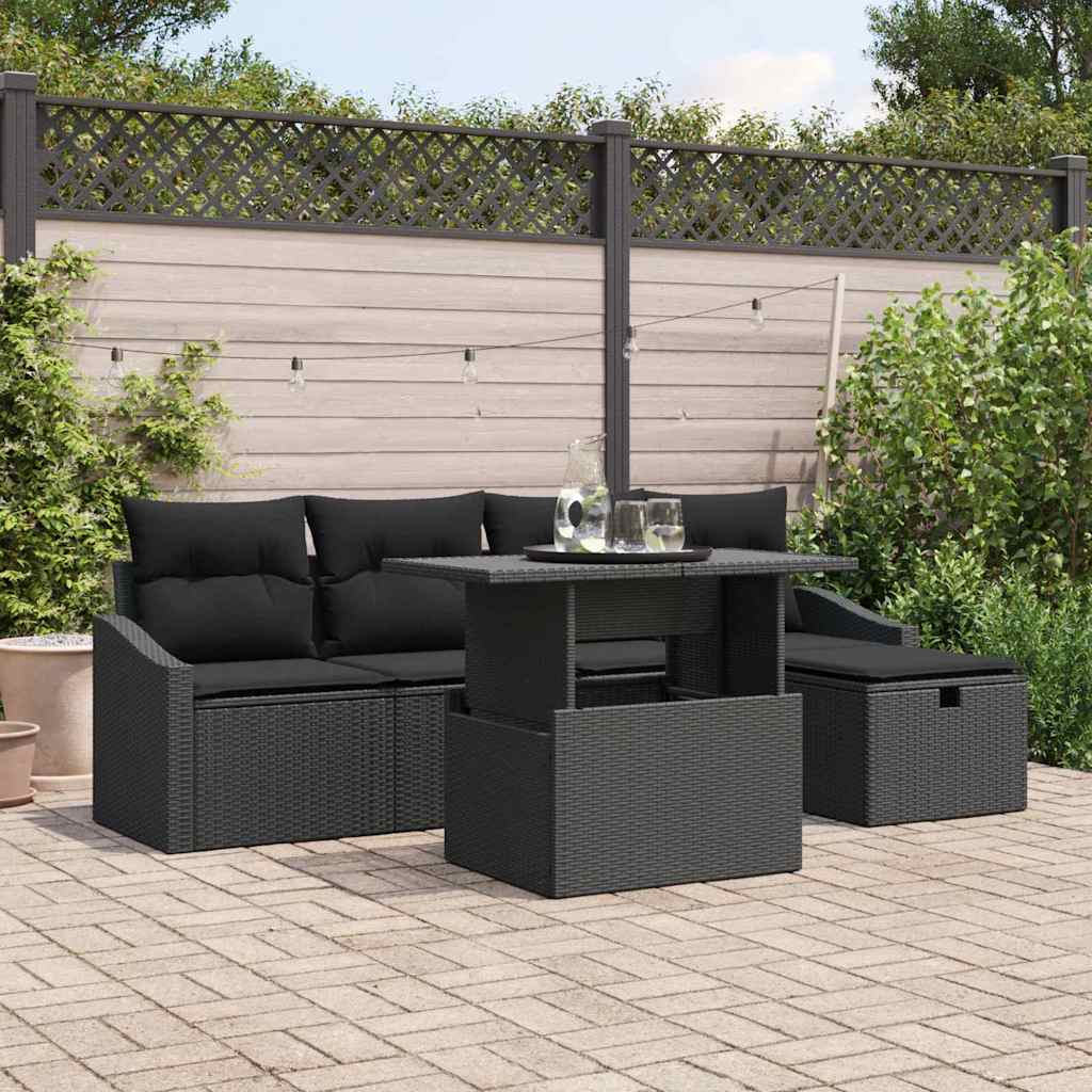 Set Divano da Giardino con cuscino 6 pcs Nero polyrattan
