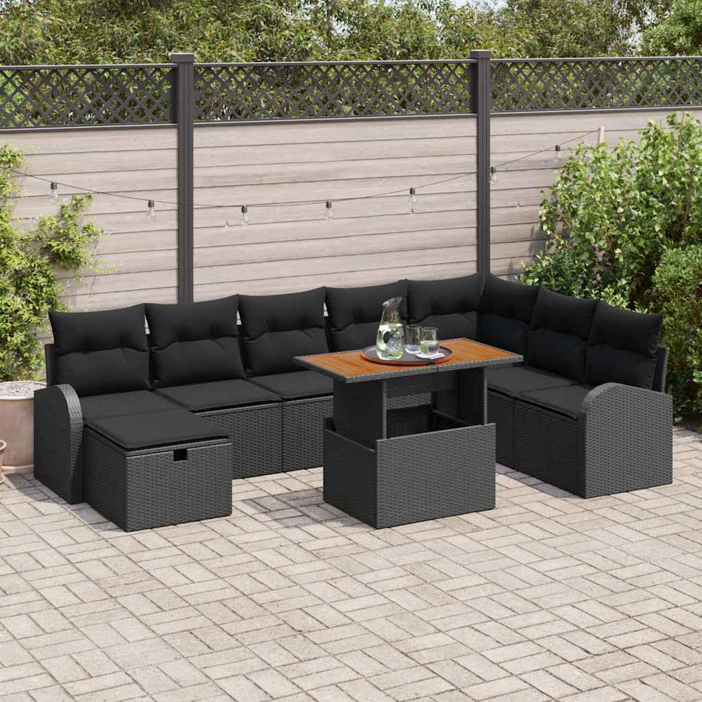 Set Divano da Giardino 9 pcs Nero polyrattan