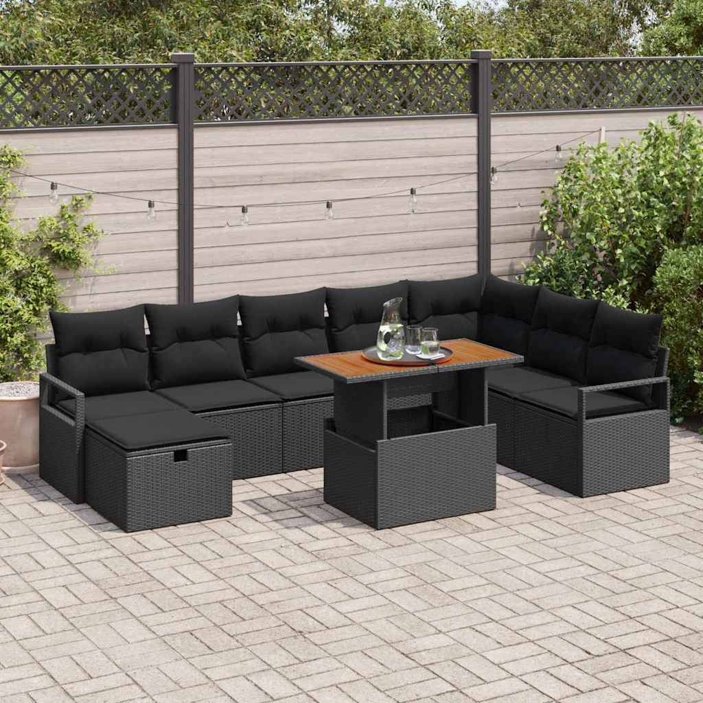 Set Divano da Giardino 9 pcs Nero polyrattan