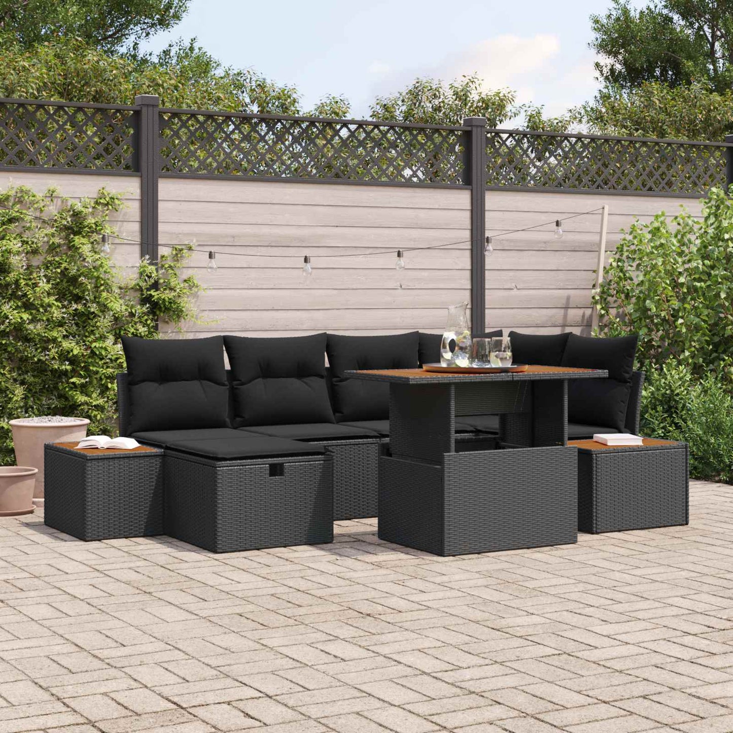 Set Divano da Giardino 7 pcs Nero polyrattan