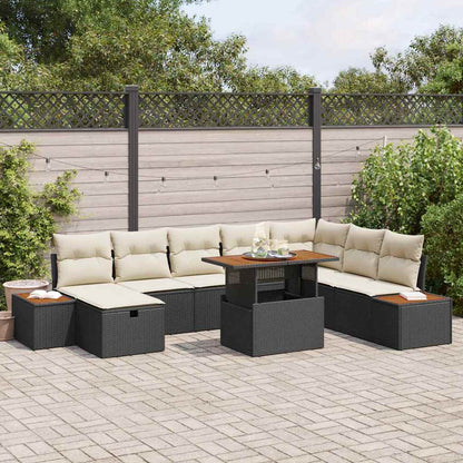 Set Divano da Giardino con cuscino 9 pcs Nero polyrattan
