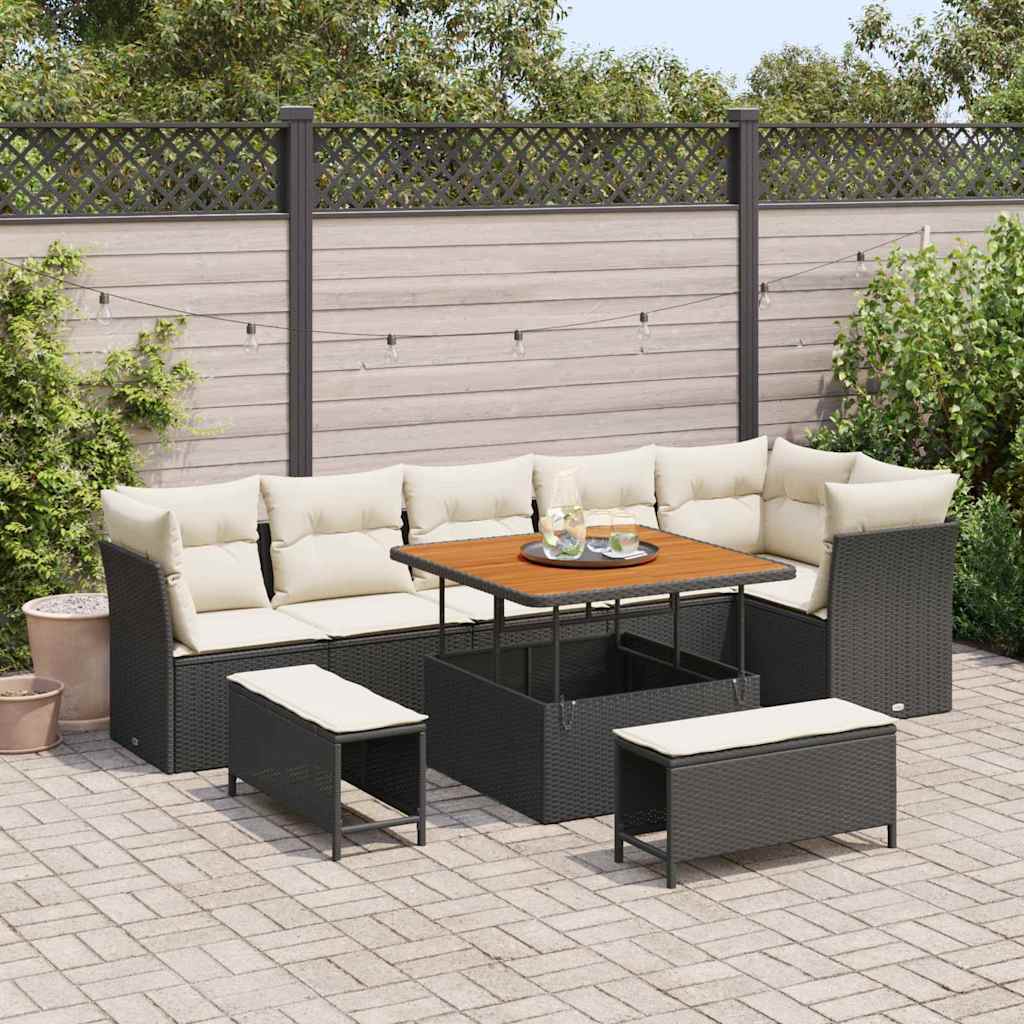 Set Divano da Giardino 9 pcs Nero polyrattan