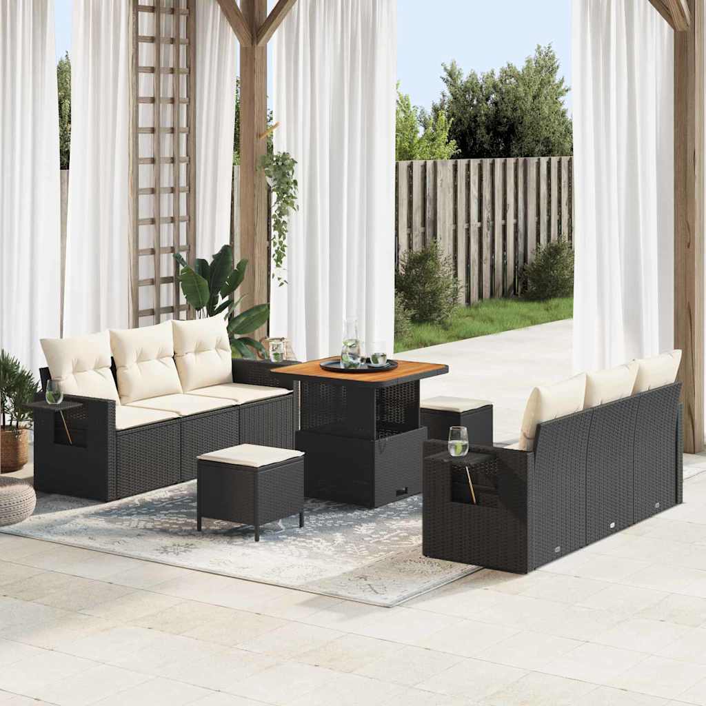 Set Divano da Giardino con cuscino 9 pcs Nero polyrattan
