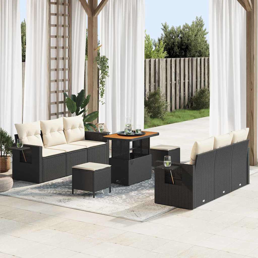 Set Divano da Giardino con cuscino 9 pcs Nero polyrattan
