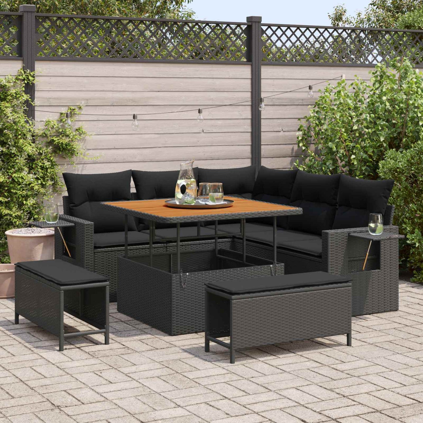 Set Divano da Giardino con cuscino 8 pcs Nero polyrattan