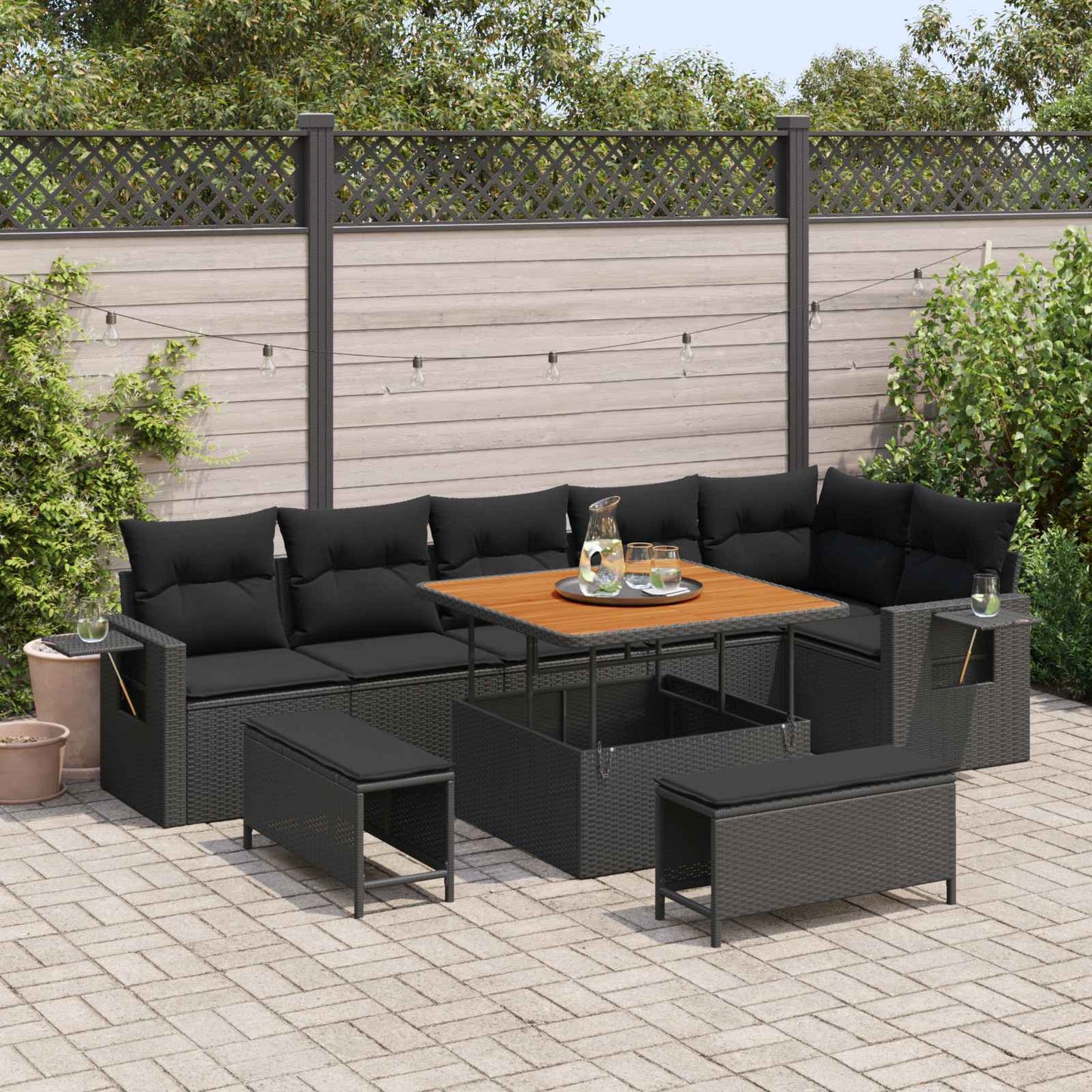 Set Divano da Giardino 9 pcs Nero polyrattan