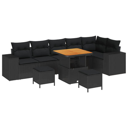 Set Divano da Giardino con cuscino 9 pcs Nero polyrattan