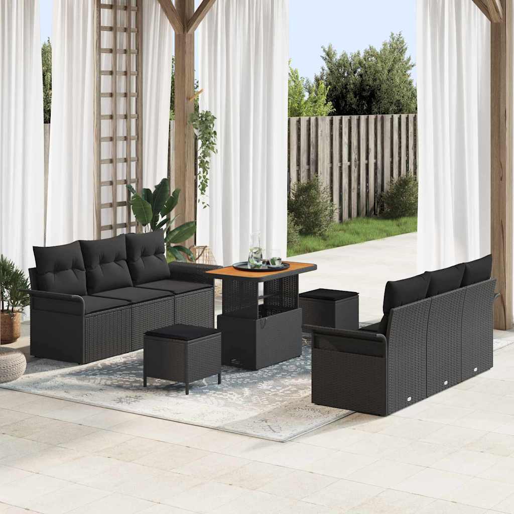 Set Divano da Giardino con cuscino 9 pcs Nero polyrattan