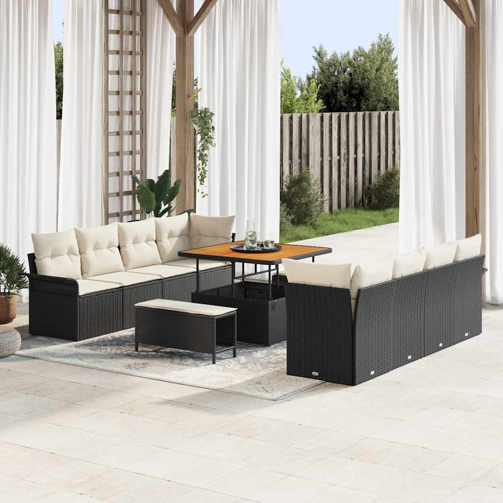 Set Divano da Giardino con cuscino 11 pcs Nero polyrattan