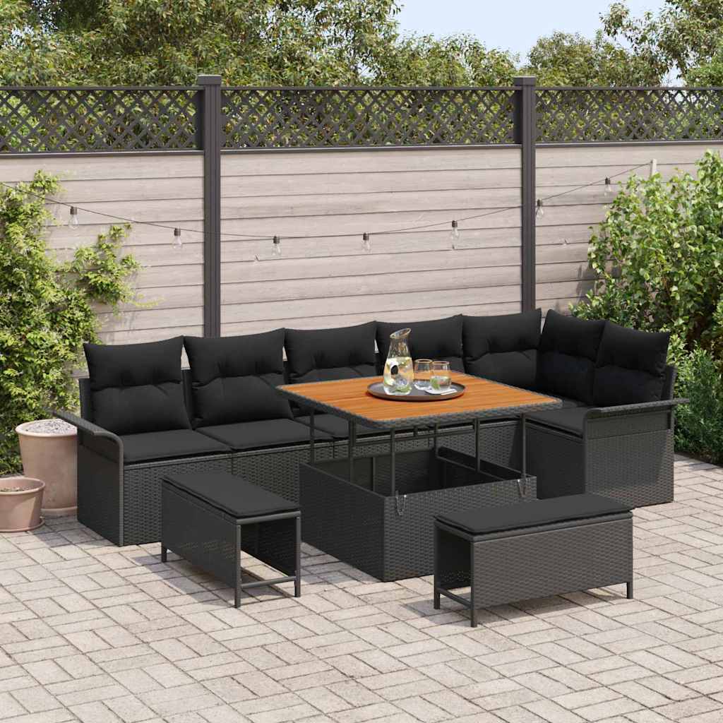 Set Divano da Giardino con cuscino 9 pcs Nero polyrattan