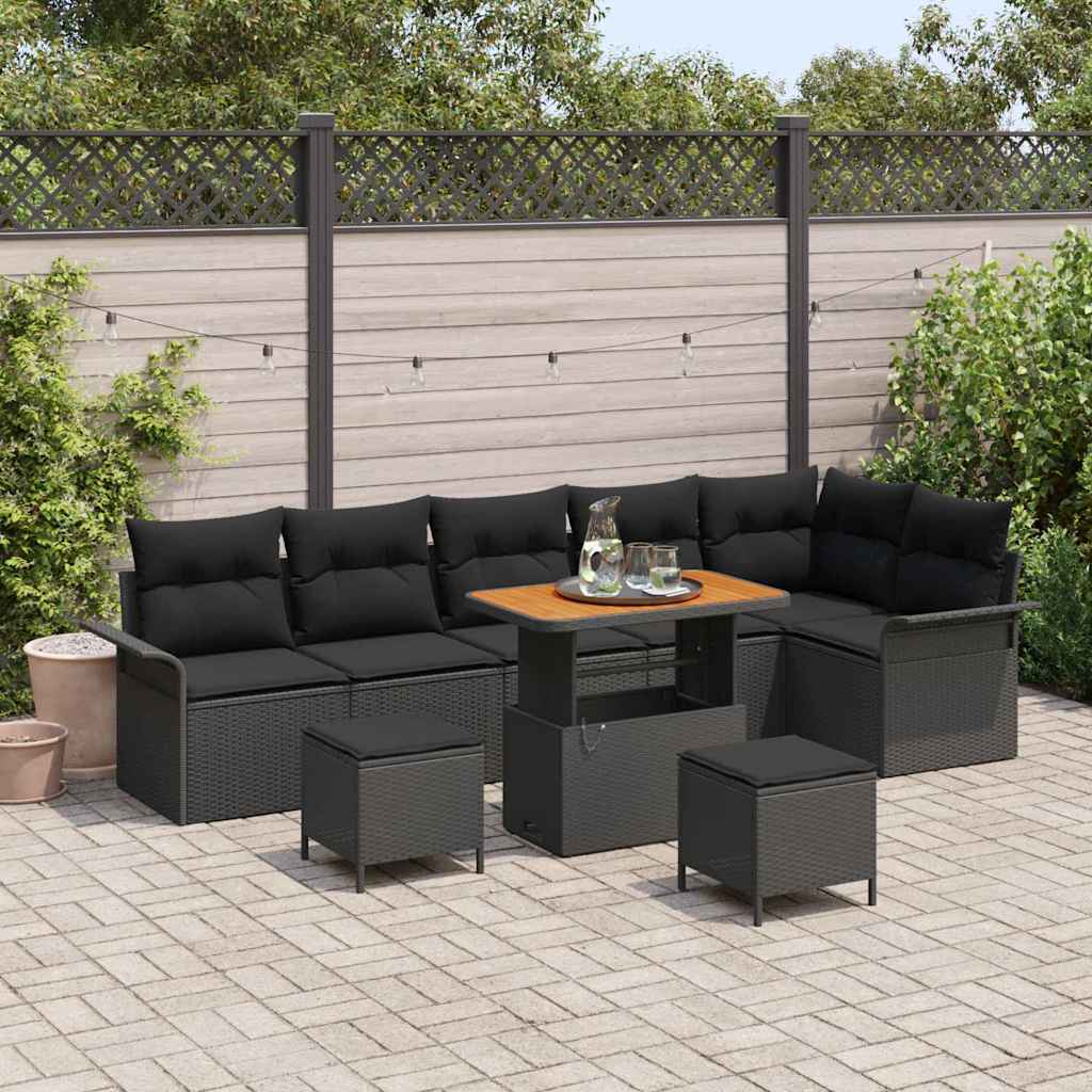 Set Divano da Giardino con cuscino 9 pcs Nero polyrattan