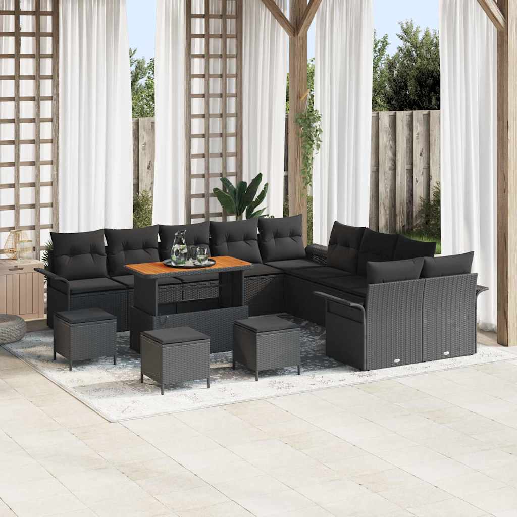 Set Divano da Giardino con cuscino 14 pcs Nero polyrattan