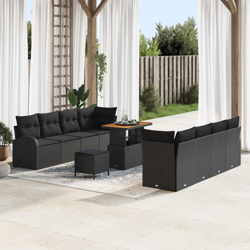 Set Divano da Giardino con cuscino 11 pcs Nero polyrattan