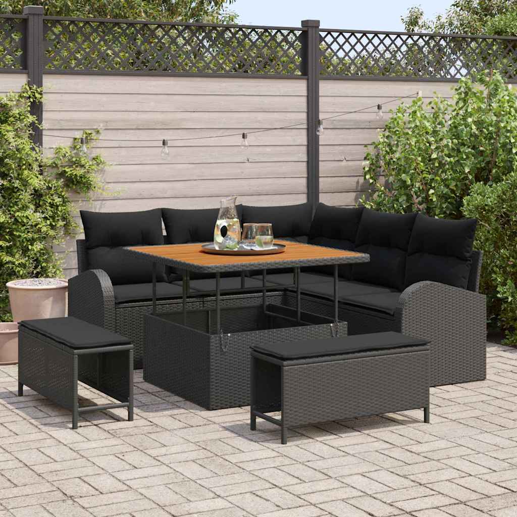 Set Divano da Giardino con cuscino 8 pcs Nero polyrattan