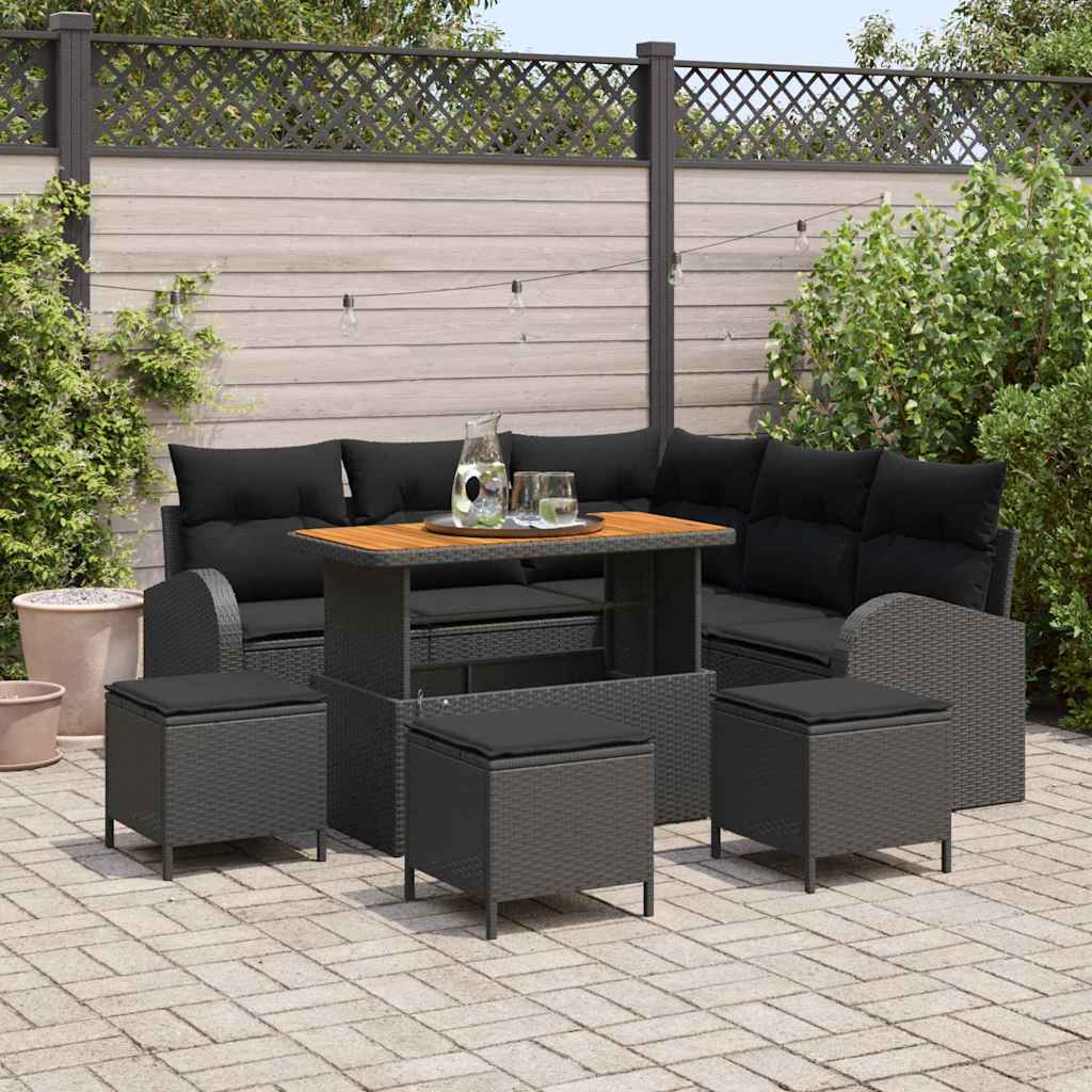 Set Divano da Giardino con cuscino 9 pcs Nero polyrattan