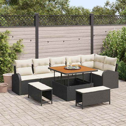Set Divano da Giardino con cuscino 9 pcs Nero polyrattan