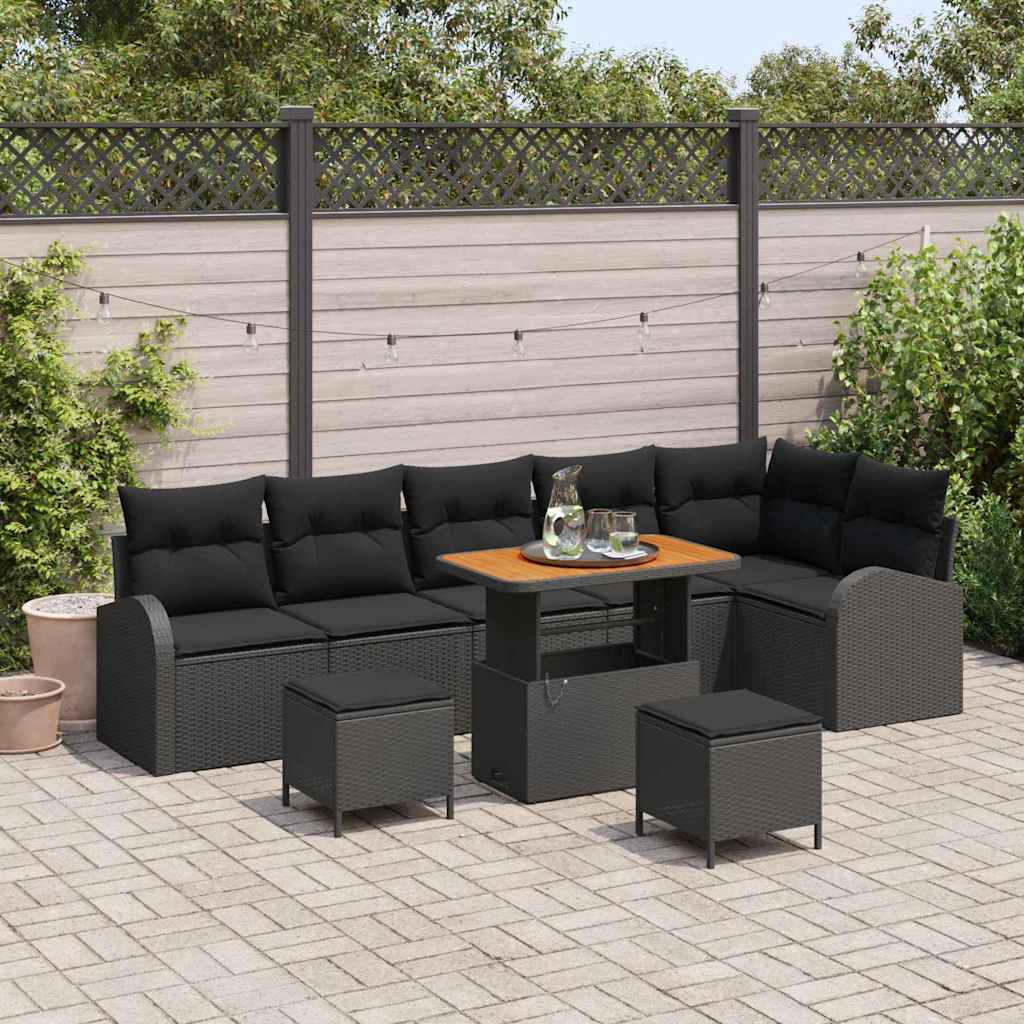 Set Divano da Giardino con cuscino 9 pcs Nero polyrattan