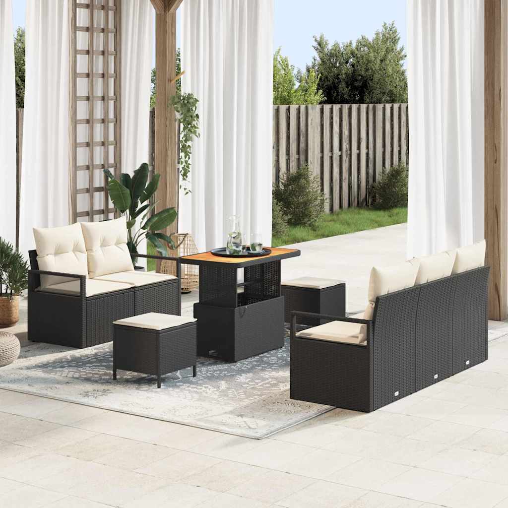 Set Divano da Giardino con cuscino 8 pcs Nero polyrattan
