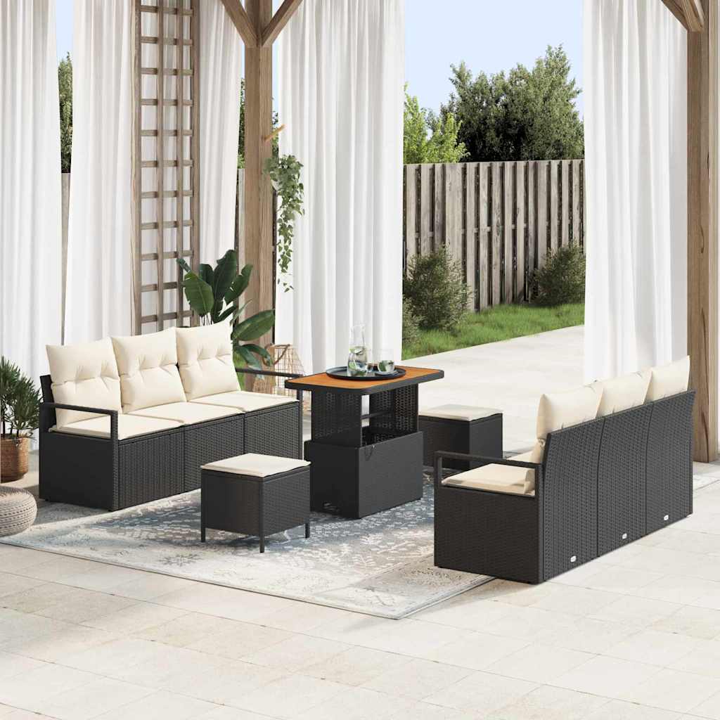 Set Divano da Giardino con cuscino 9 pcs Nero polyrattan