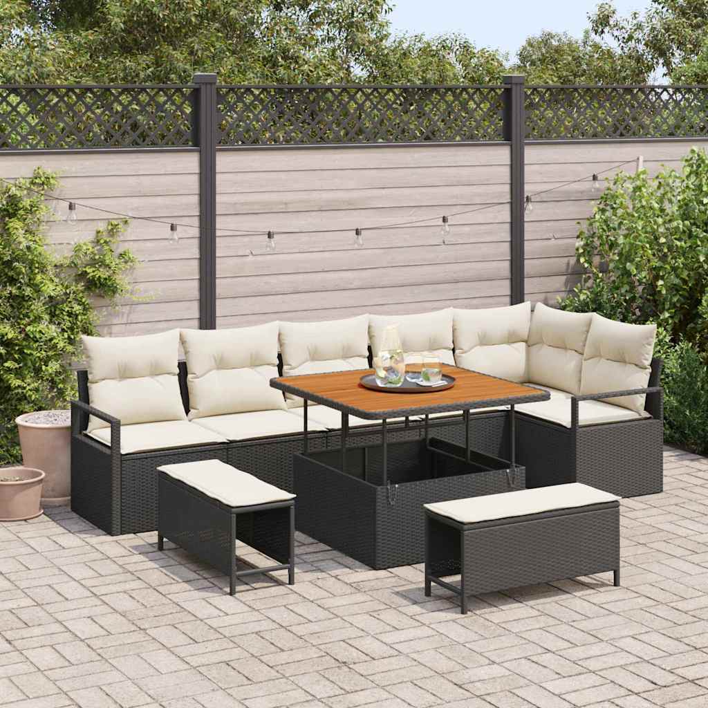 Set Divano da Giardino con cuscino 9 pcs Nero Poly Rattan