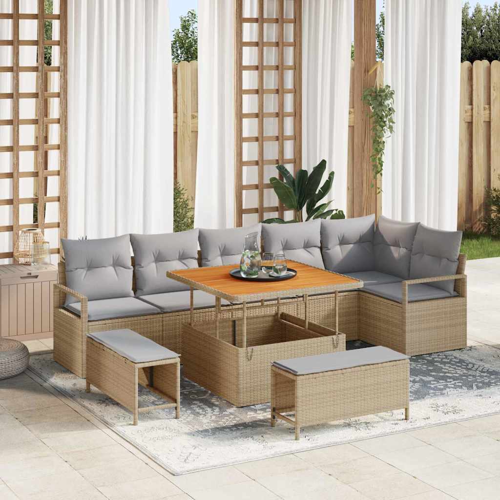 Set Divano da Giardino con cuscino 9 pcs Beige Poly Rattan