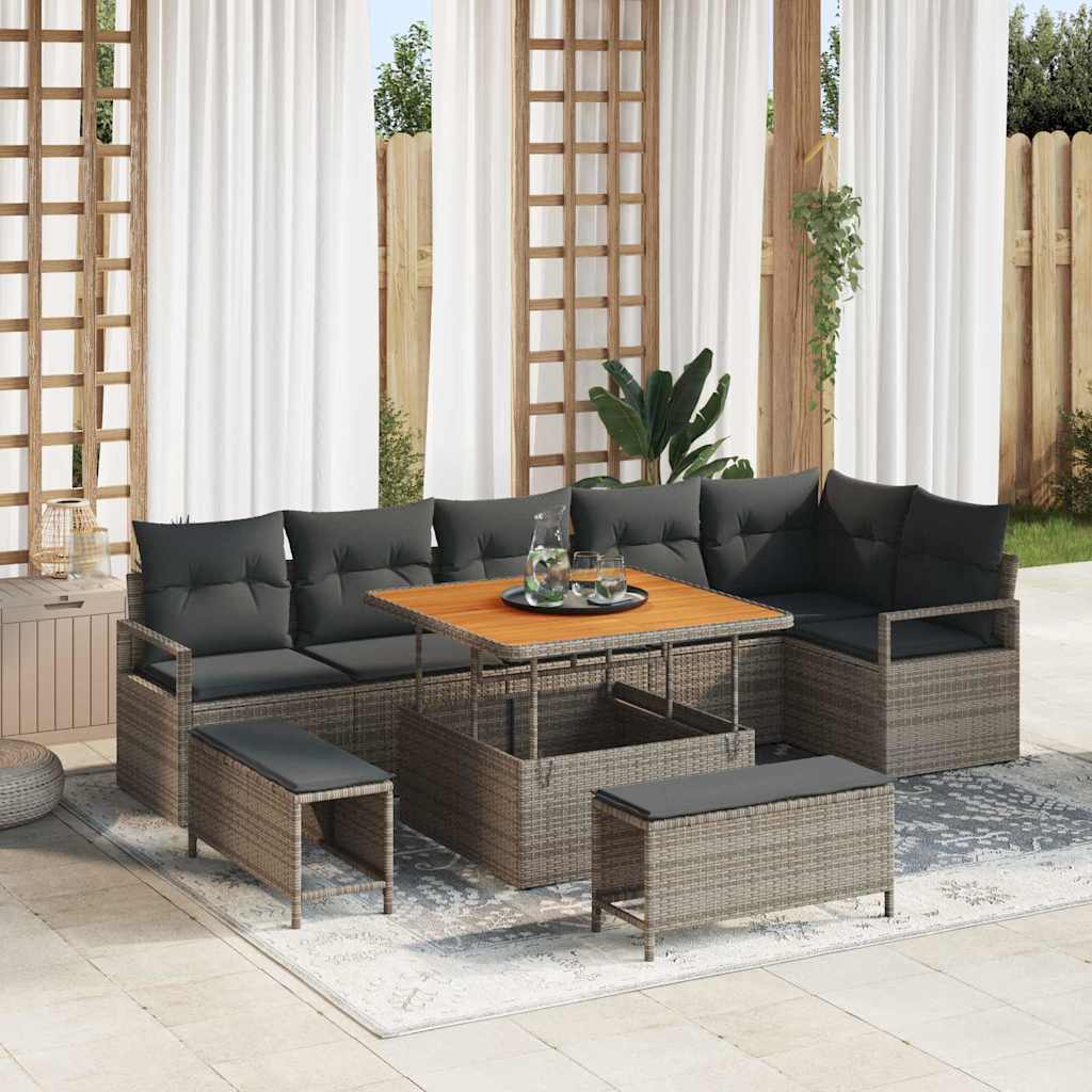 Set Divano da Giardino con cuscino 9 pcs Grigio Poly Rattan