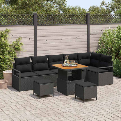 Set Divano da Giardino con cuscino 9 pcs Nero Poly Rattan