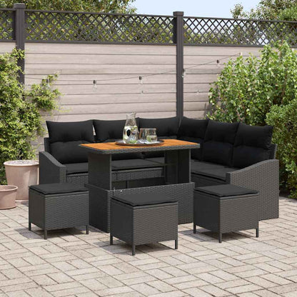 Set Divano da Giardino con cuscino 9 pcs Nero polyrattan
