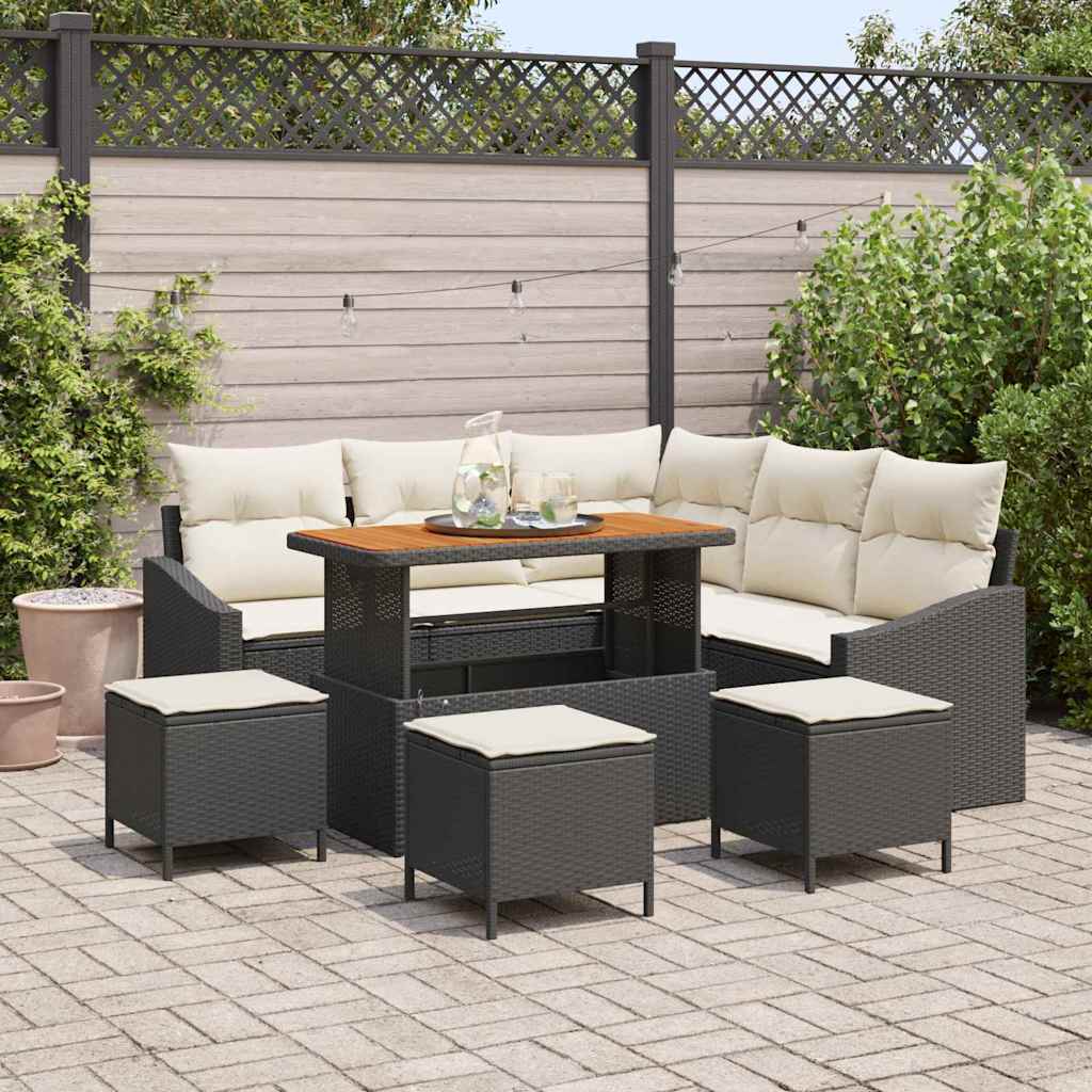 Set Divano da Giardino con cuscino 9 pcs Nero polyrattan