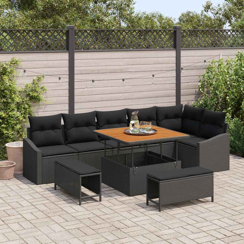 Set Divano da Giardino con cuscino 9 pcs Nero polyrattan