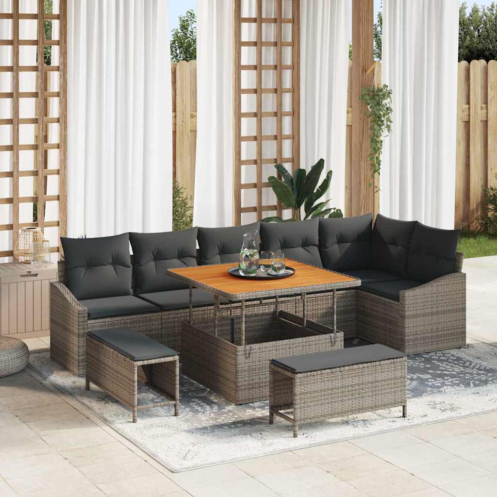 Set Divano da Giardino con cuscino 9 pcs Grigio polyrattan