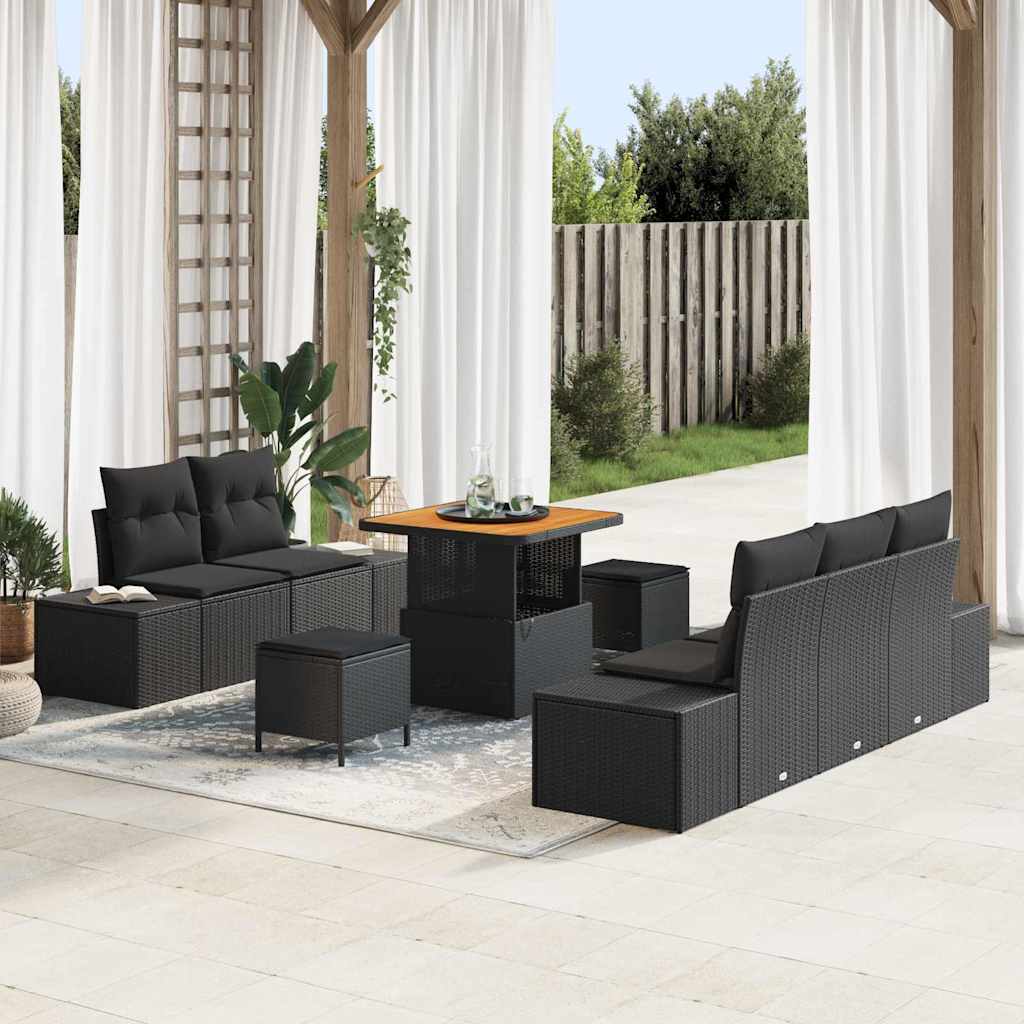 Set Divano da Giardino con cuscino 8 pcs Nero polyrattan
