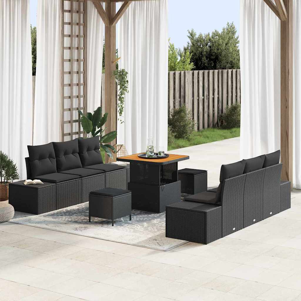 Set Divano da Giardino con cuscino 9 pcs Nero polyrattan