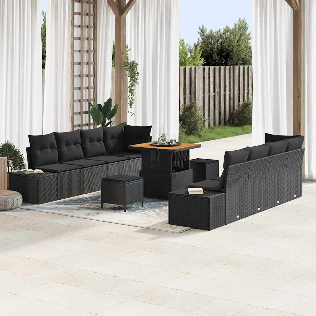 Set Divano da Giardino con cuscino 11 pcs Nero polyrattan