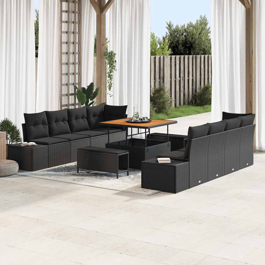 Set Divano da Giardino con cuscino 11 pcs Nero polyrattan