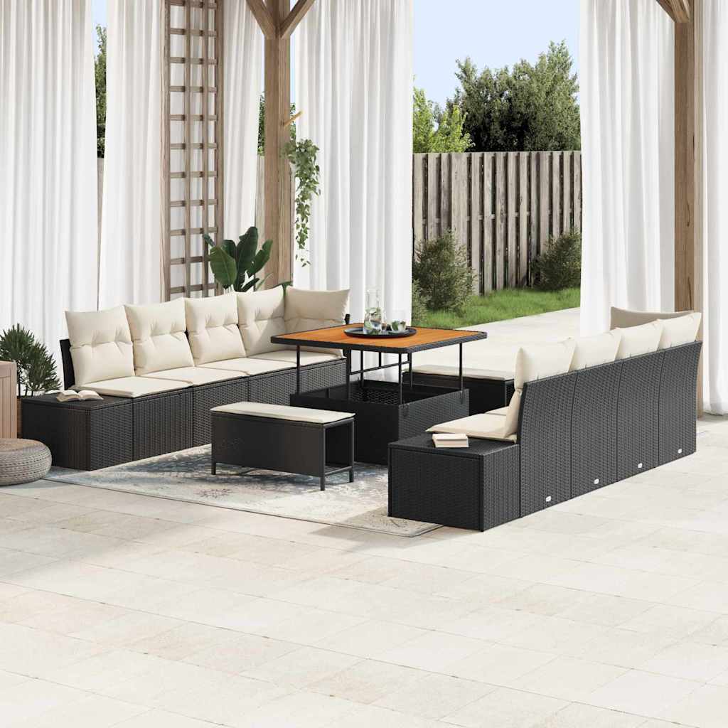 Set Divano da Giardino con cuscino 11 pcs Nero polyrattan