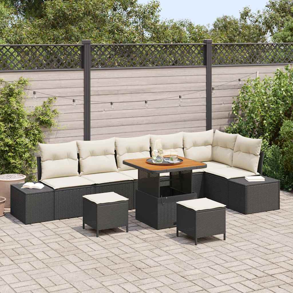 Set Divano da Giardino con cuscino 9 pcs Nero polyrattan