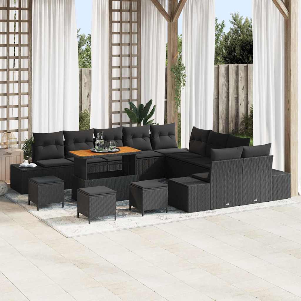 Set Divano da Giardino con cuscino 14 pcs Nero polyrattan