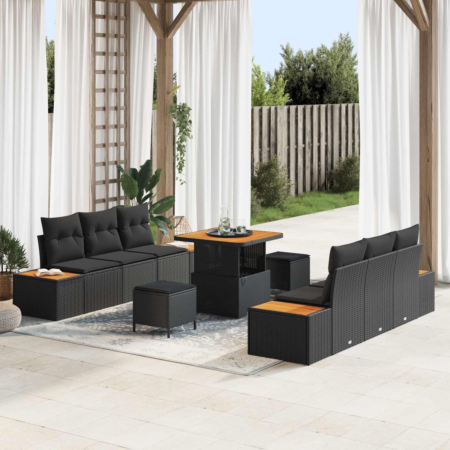 Set Divano da Giardino 9 pcs Nero polyrattan